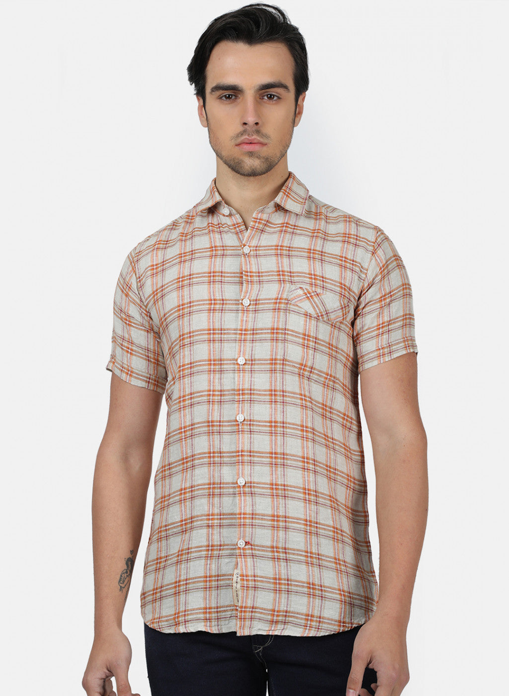 Men Beige Check Linen Shirt