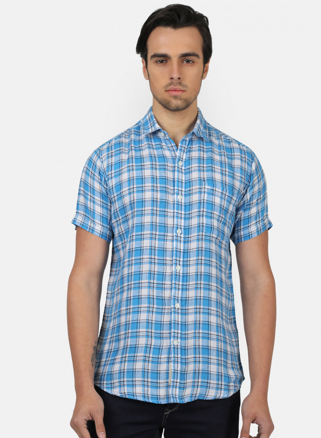 Men Blue Check Linen Shirt