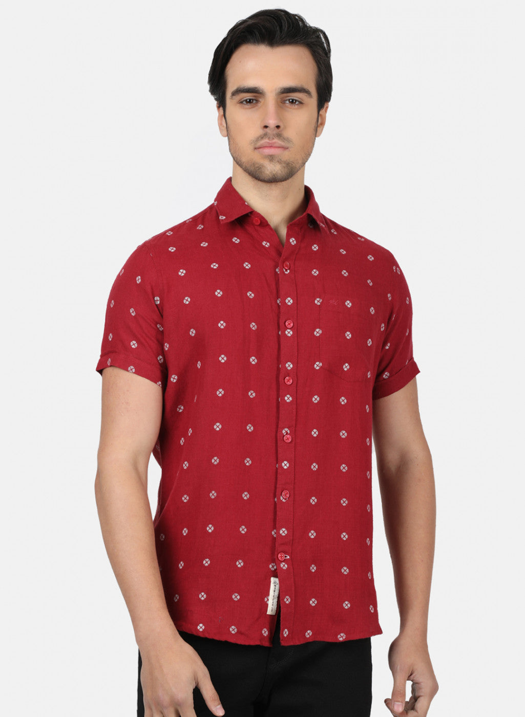 Men Maroon Printed Linen Shirt