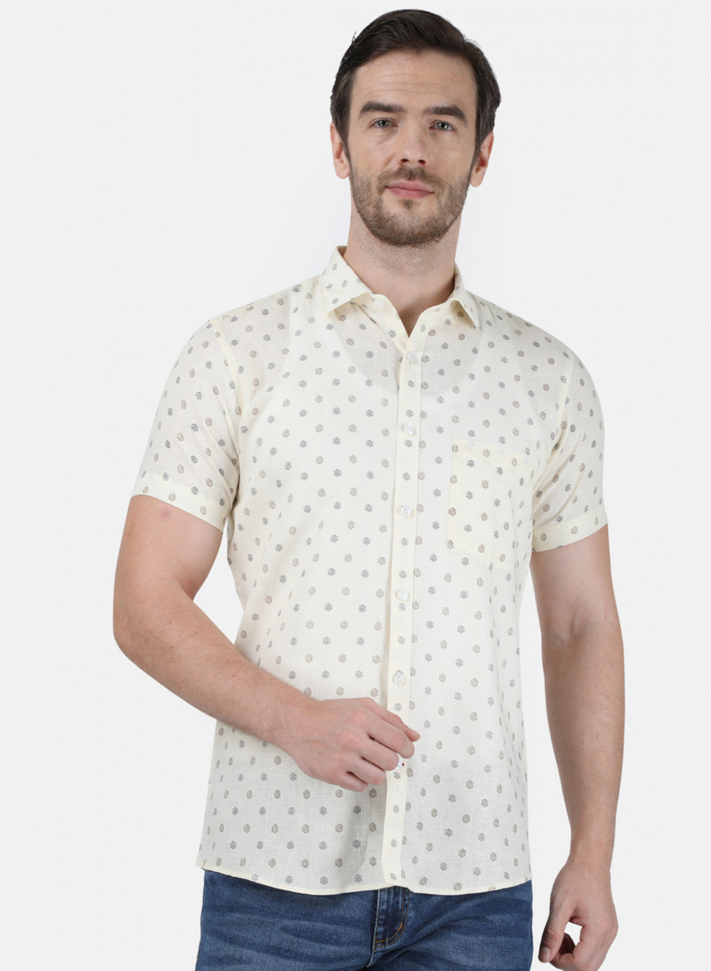 Mens Off White Printed Linen Shirt