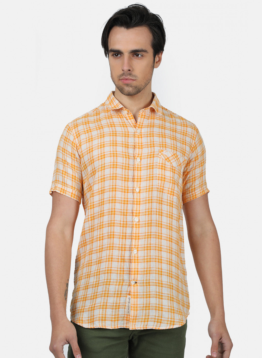 Men Orange Check Linen Shirt