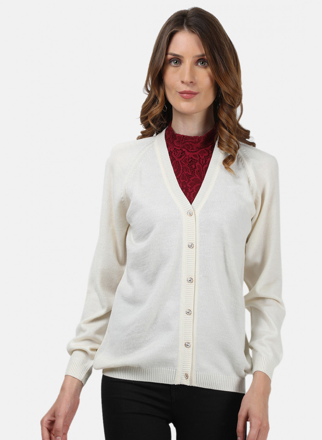 Women Off White Solid Cardigan