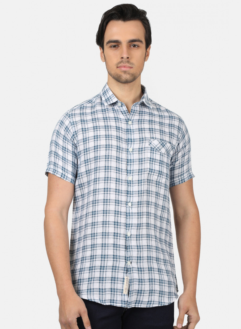 Men Blue Check Linen Shirt