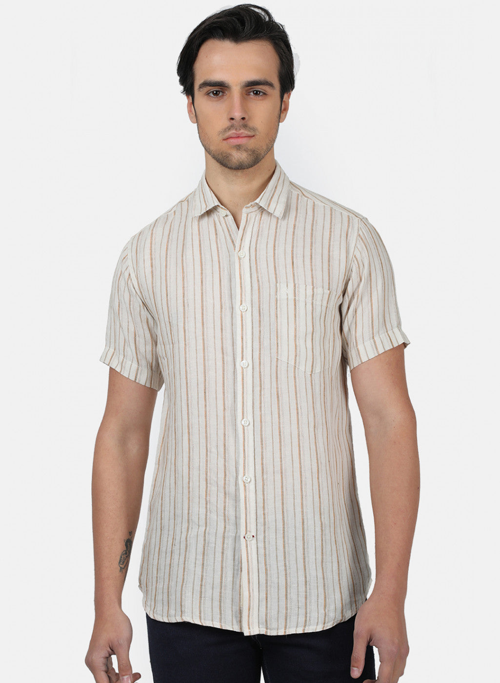 Men Brown Stripe Linen Shirt