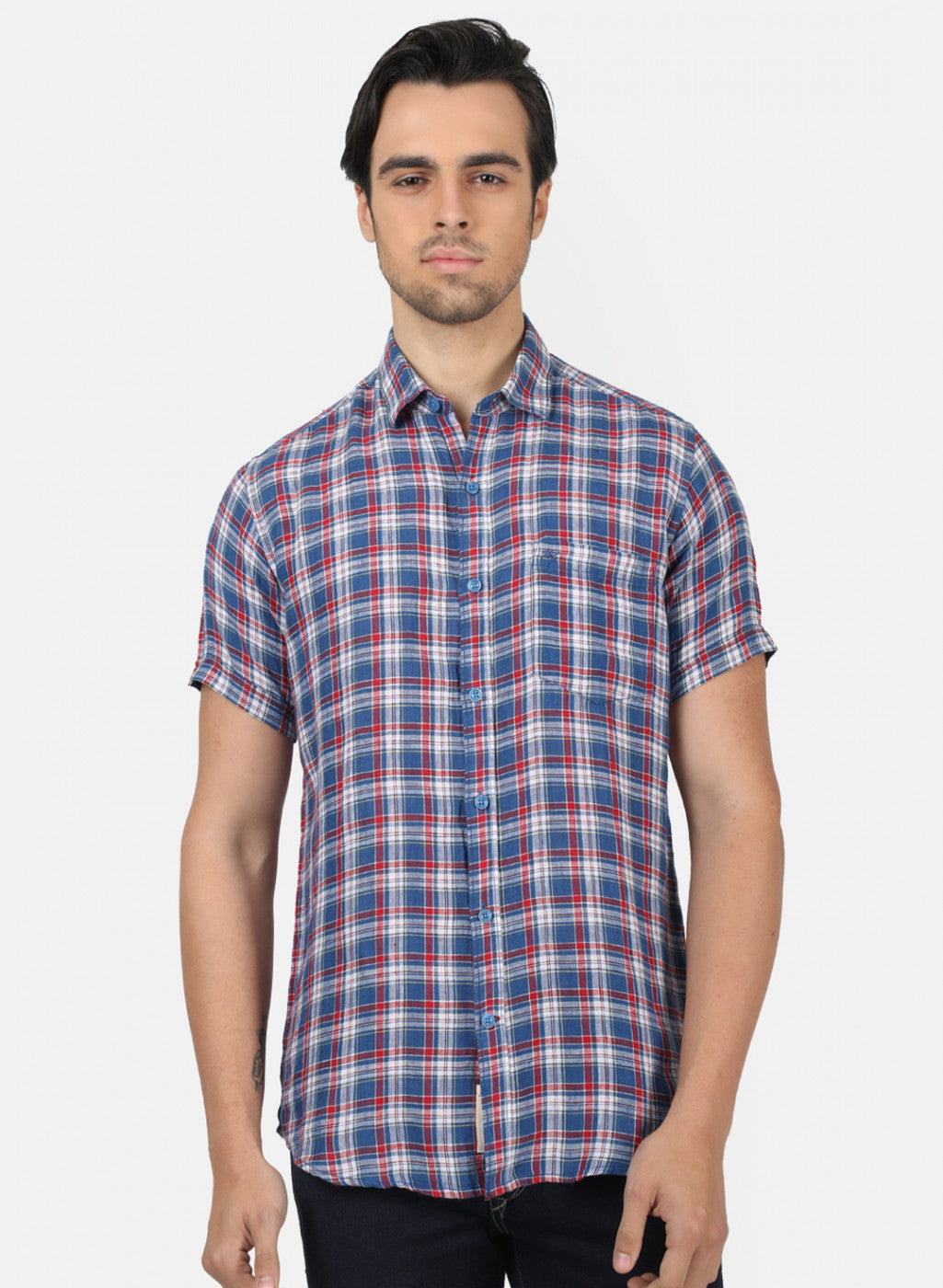 Men Blue Check Linen Shirt