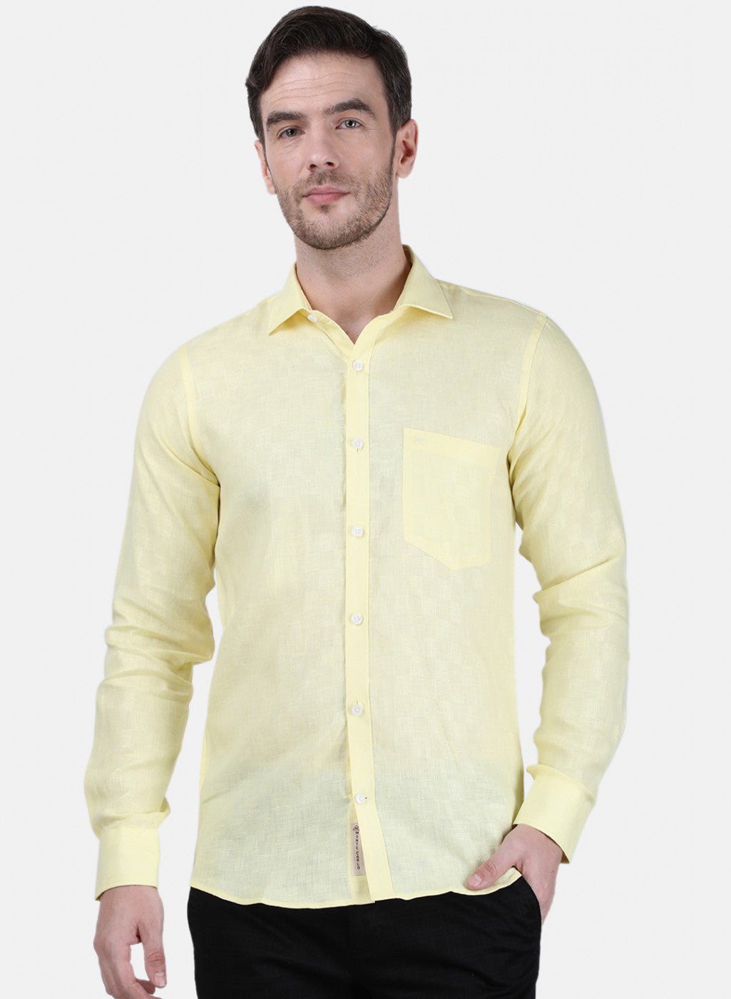 Mens Yellow Self Linen Shirt