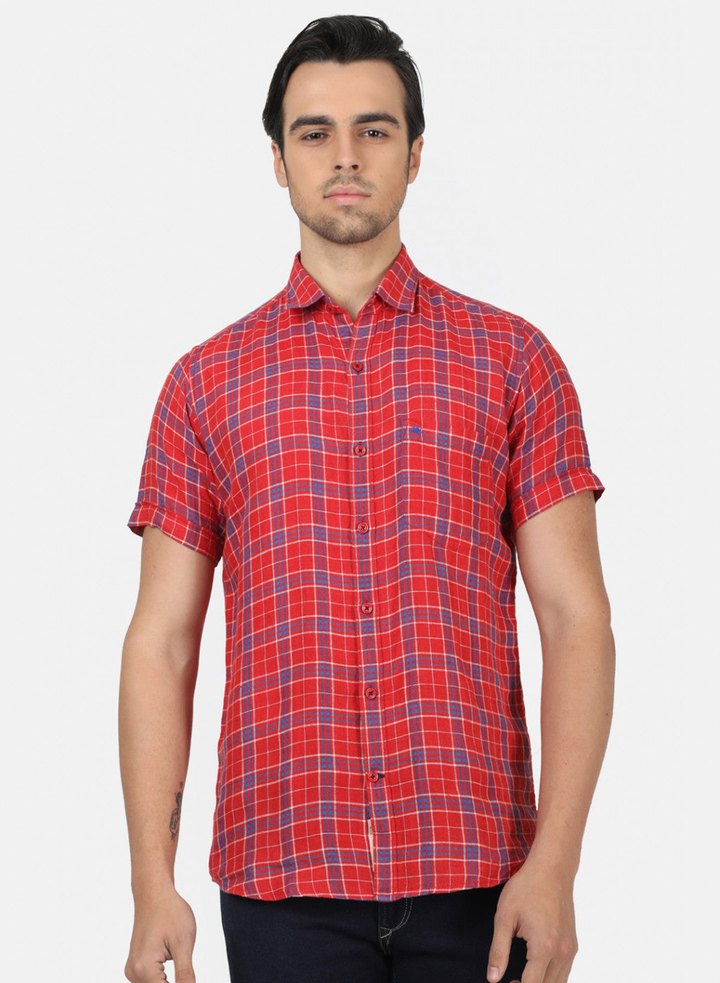 Men Red Check Linen Shirt