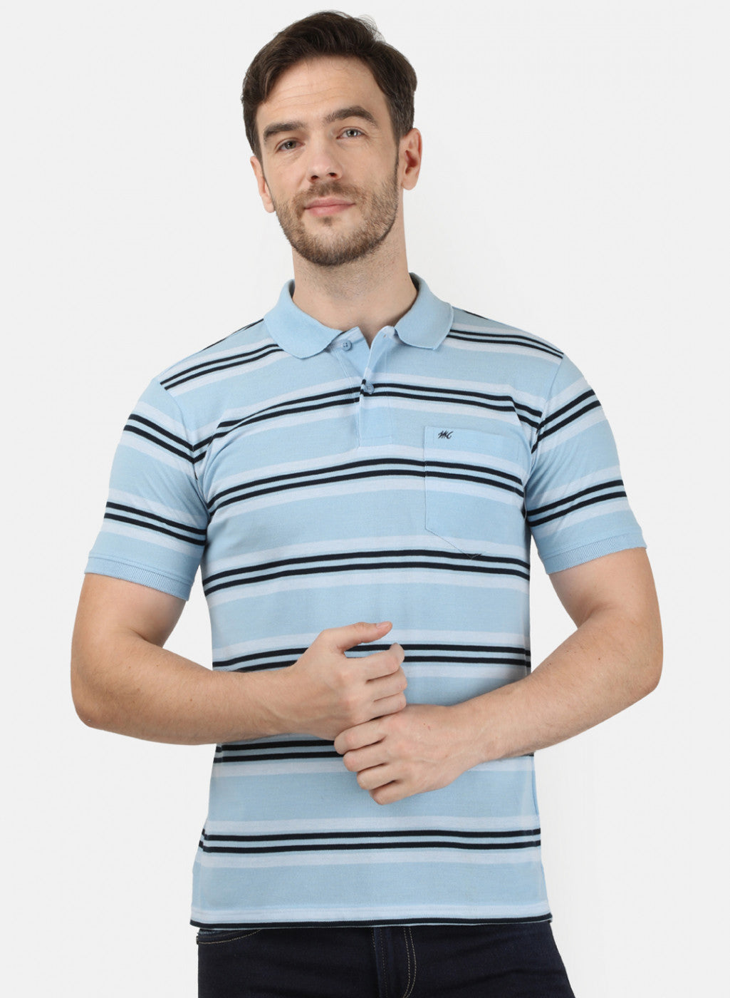 Mens Sky Blue Stripe Collar T-Shirts