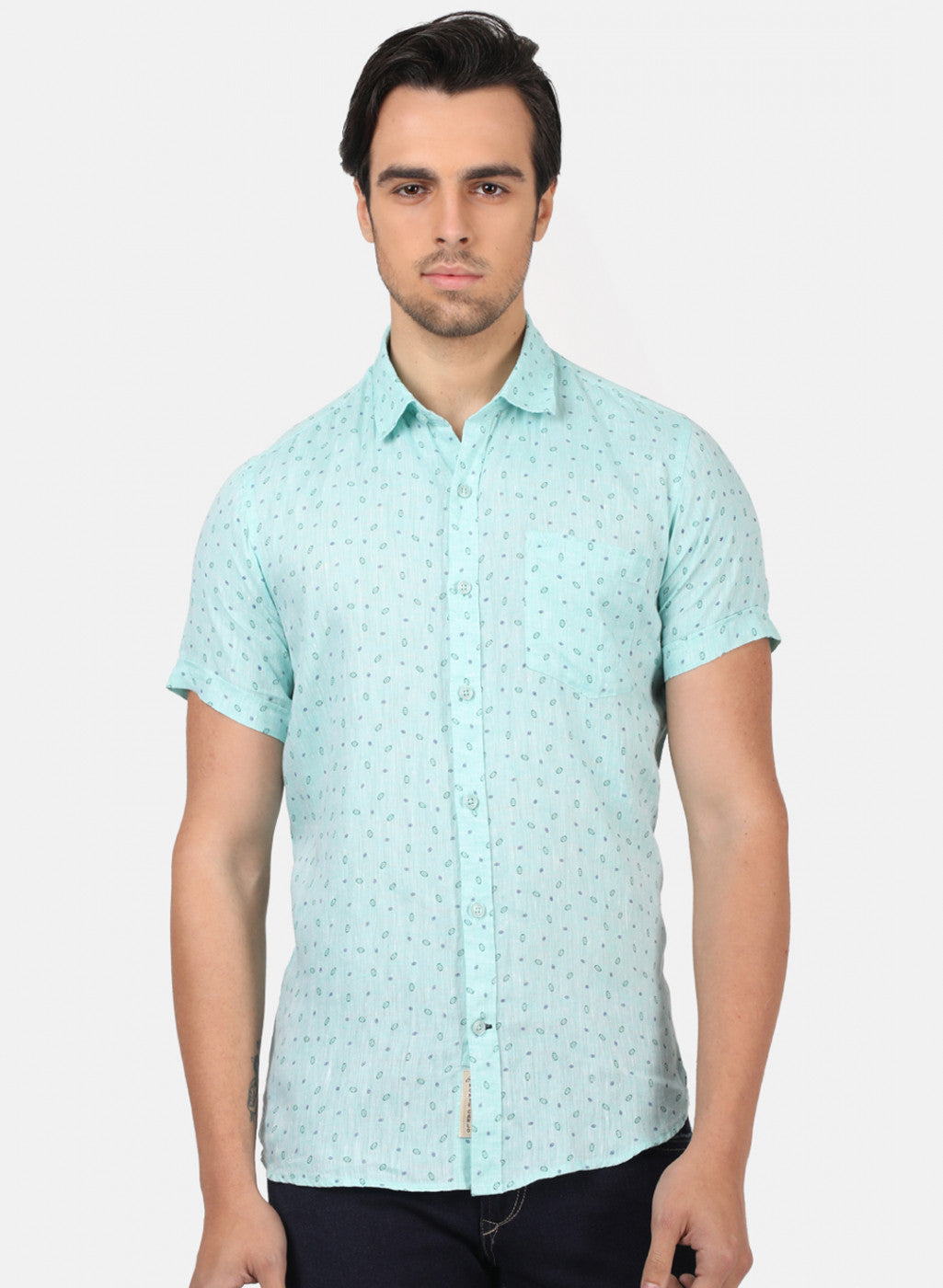 Men Green Printed Linen Shirt