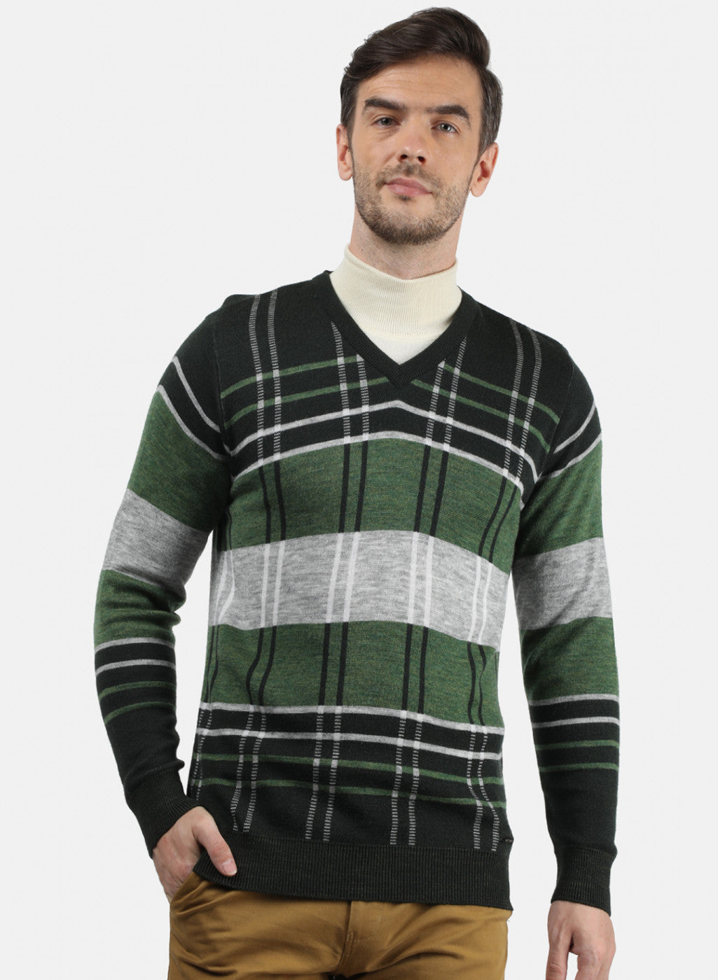 Men NAvy Blue & Green Solid Pullover