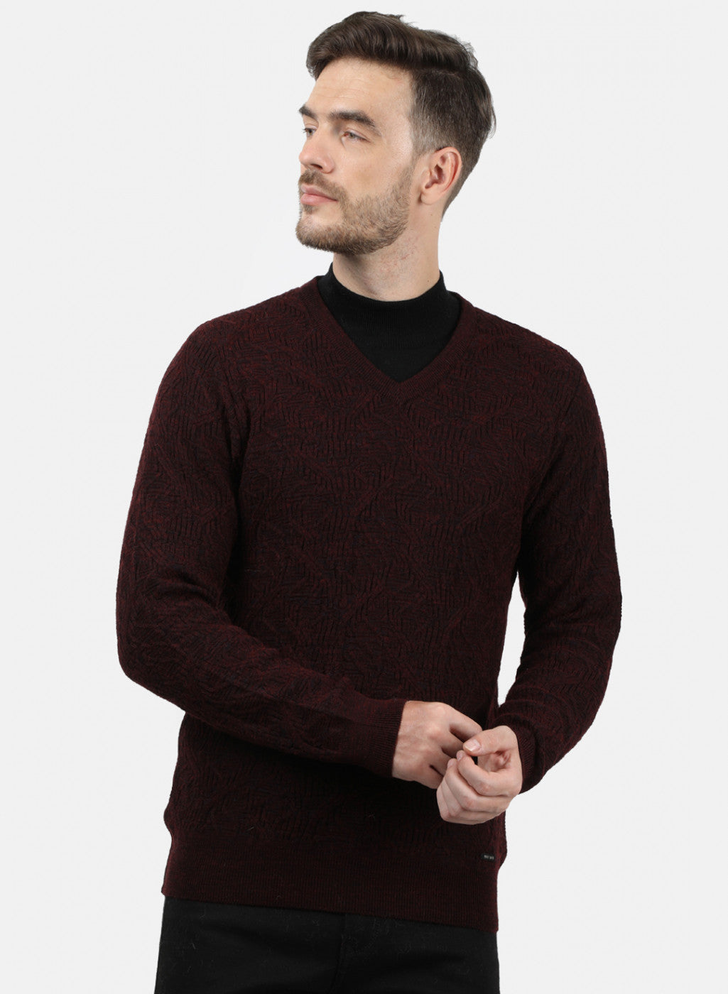 Men Maroon Self Pullover