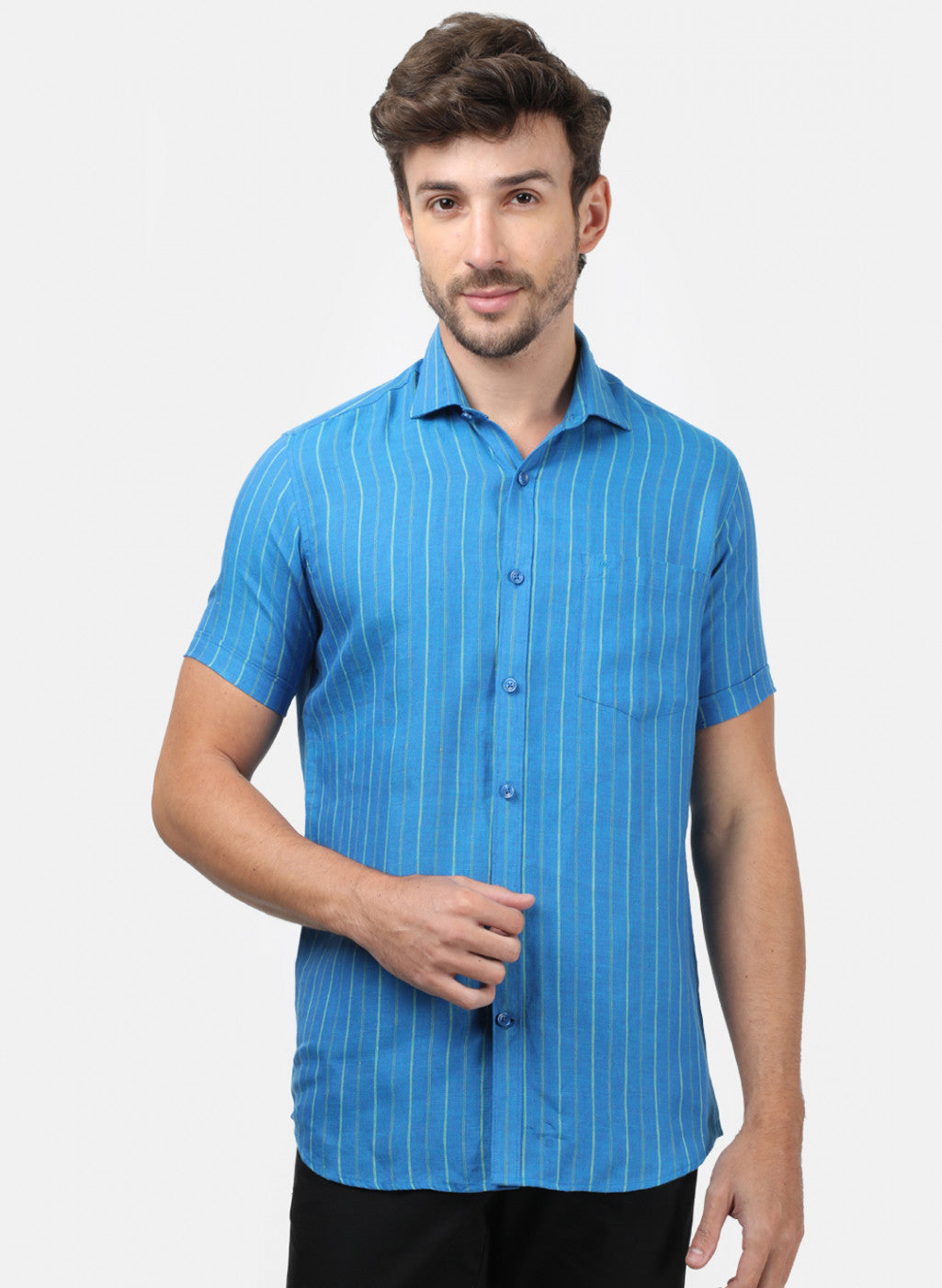 Men Blue Stripe Linen Shirt