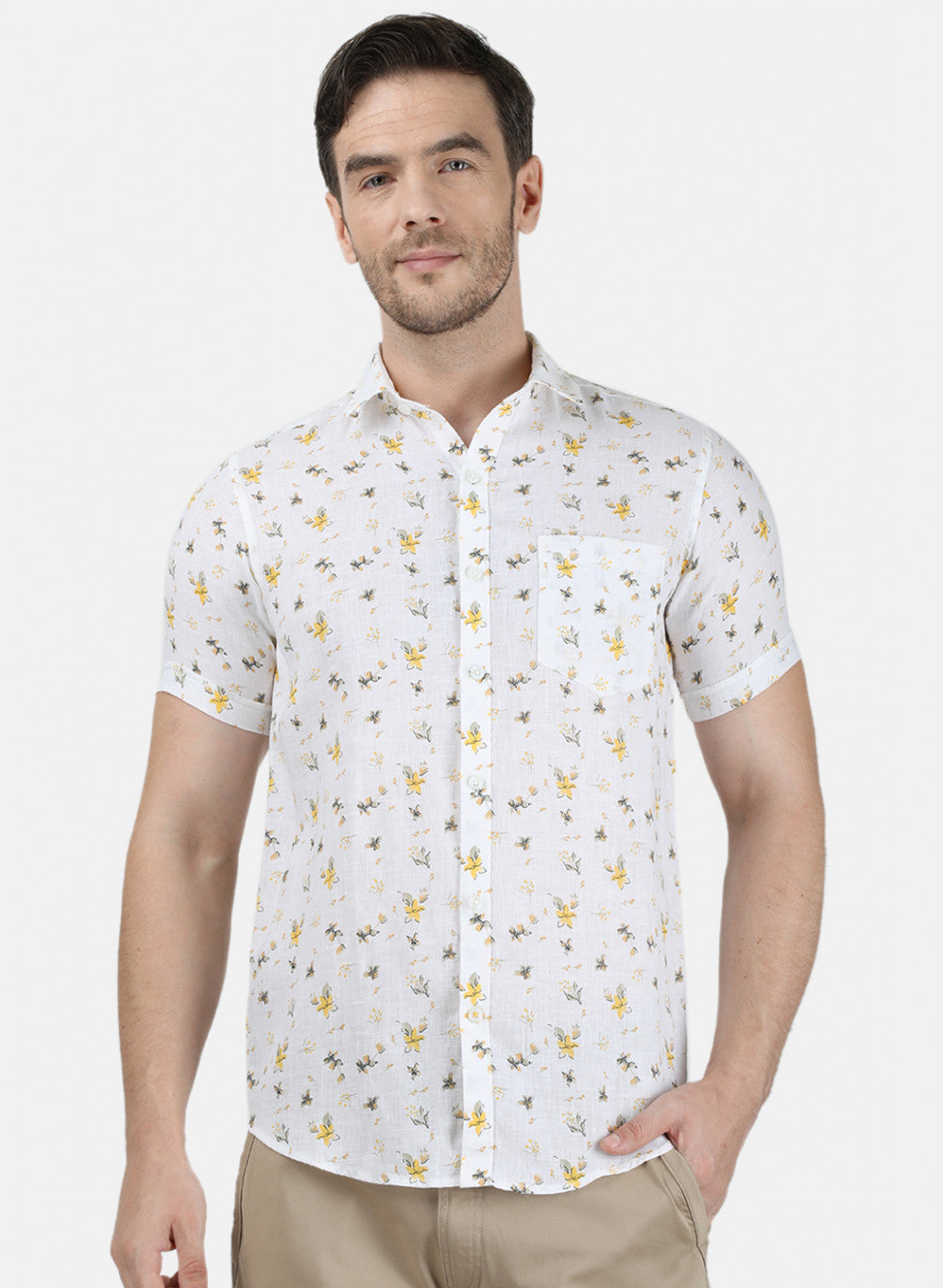 Mens Yellow Printed Linen Shirt