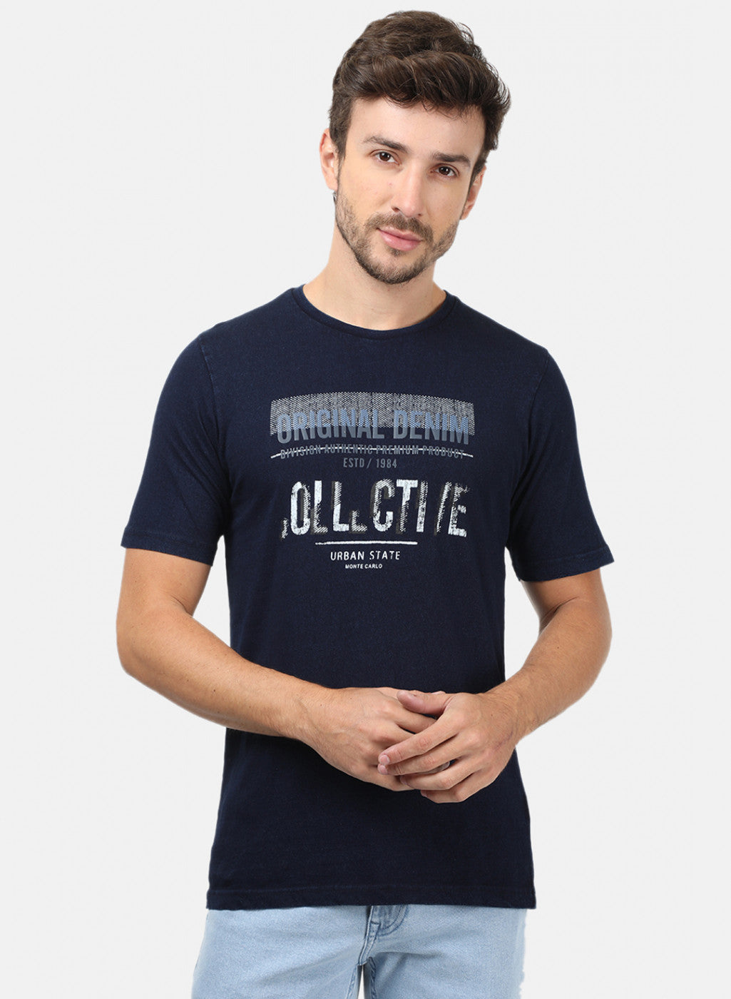 Men Blue Self T-Shirts