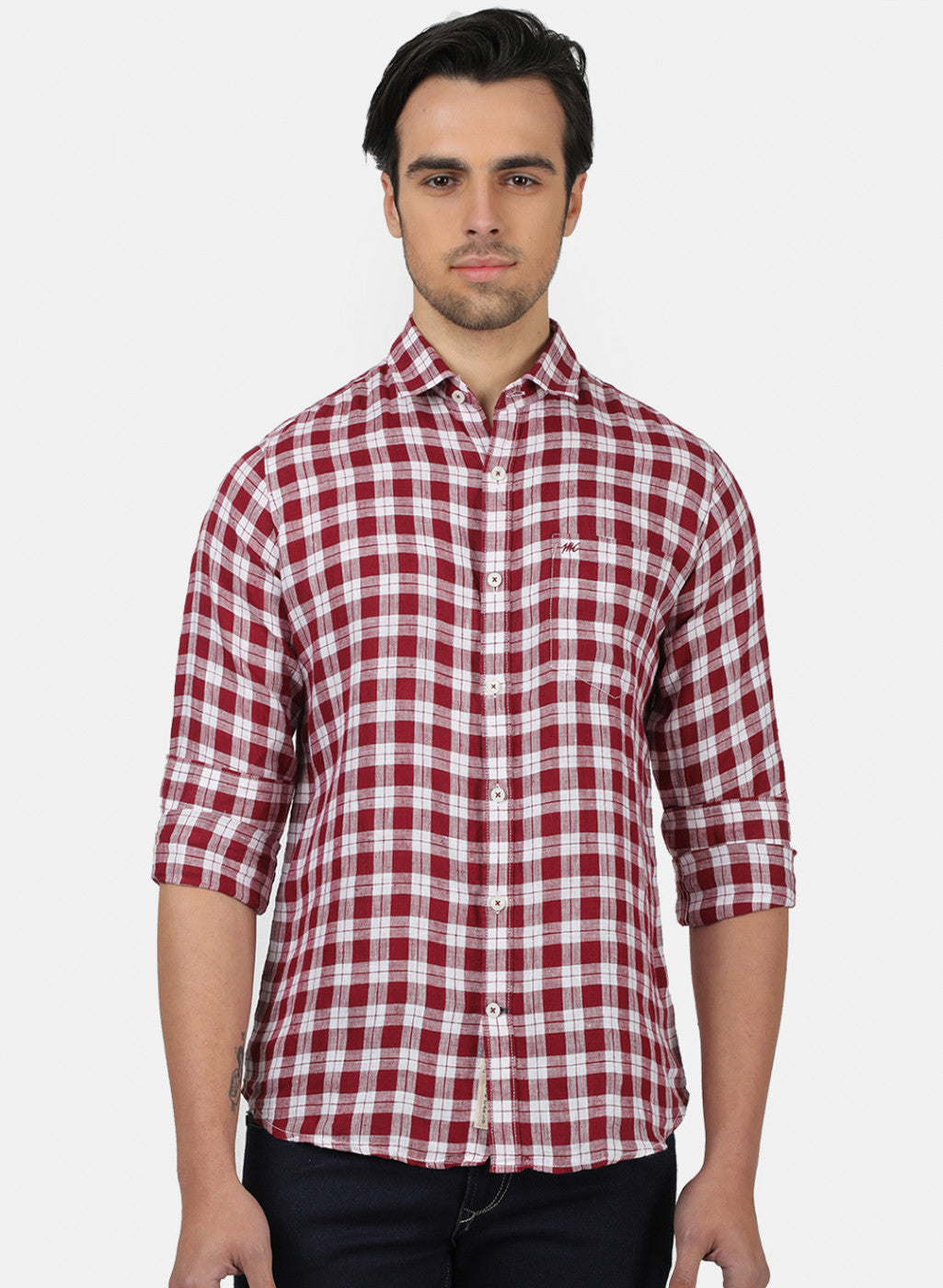 Men Maroon Check Linen Shirt
