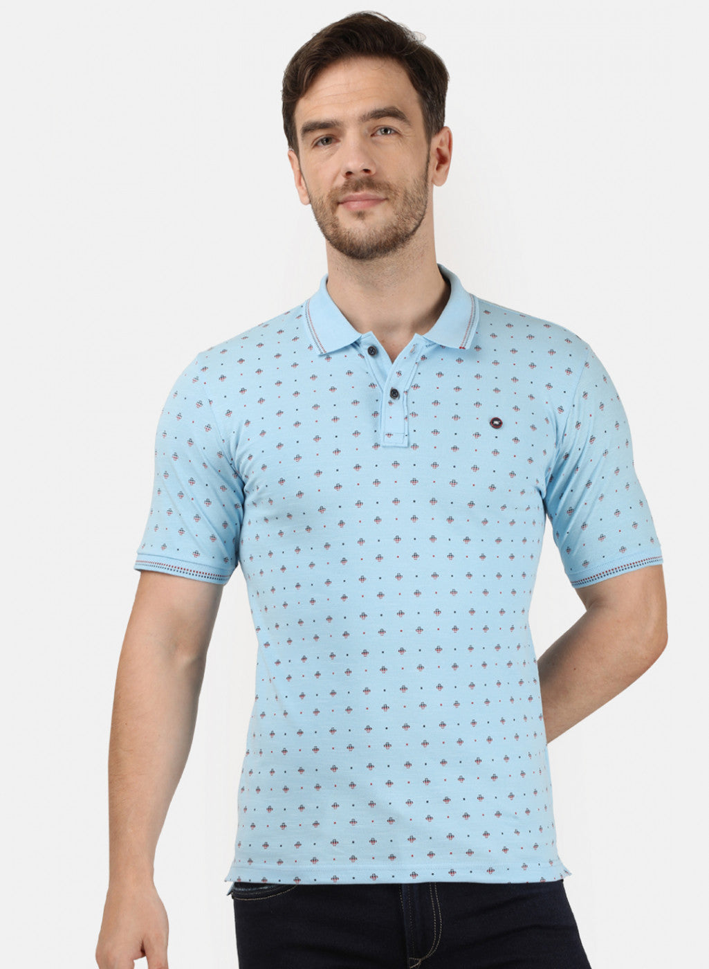 Mens Sky Blue Printed Collar T-Shirts