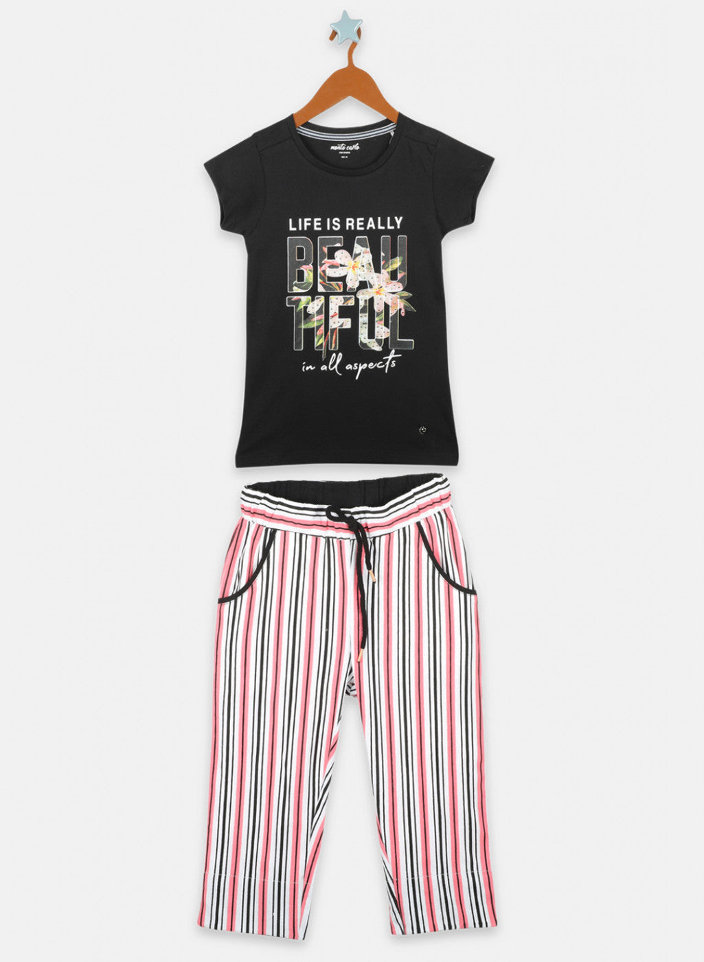 Girls Black & Off White Printed Capri Set