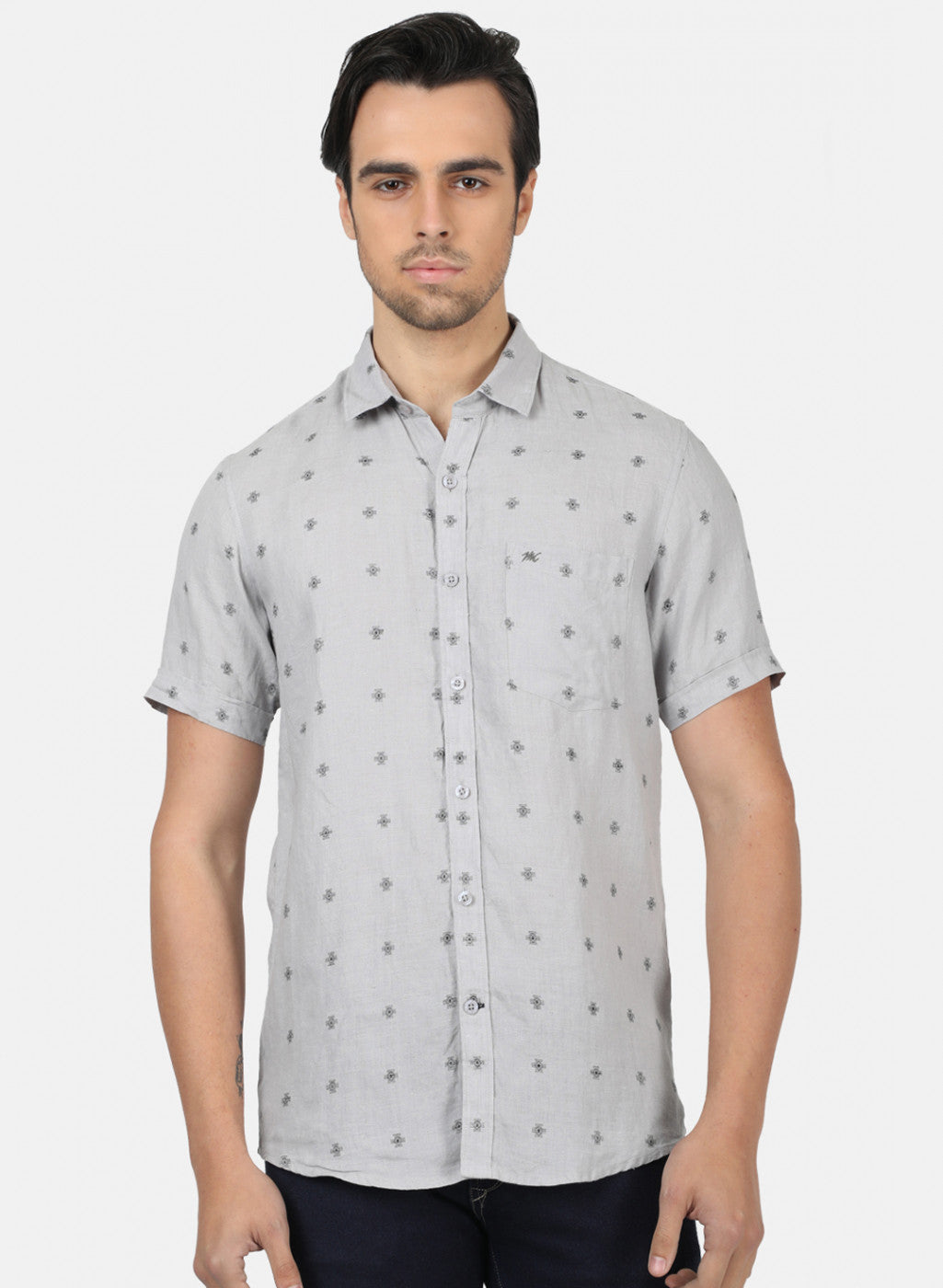 Men Grey Printed Linen Shirt
