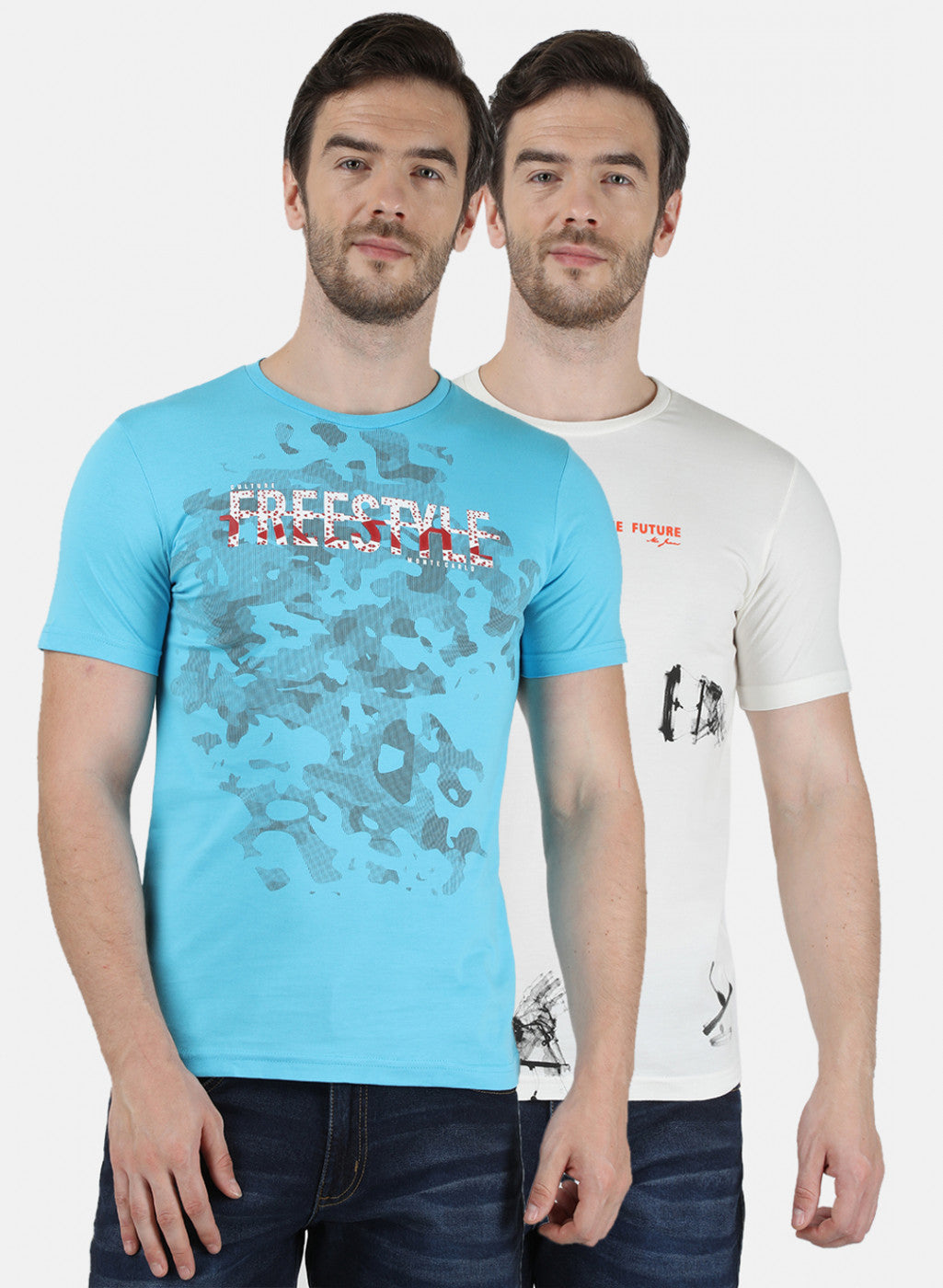 Mens Blue & Off White Printed T-Shirt