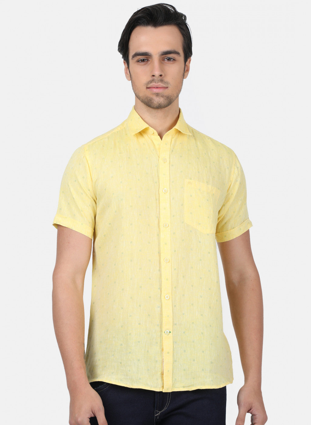Men Yellow Printed Linen Shirt