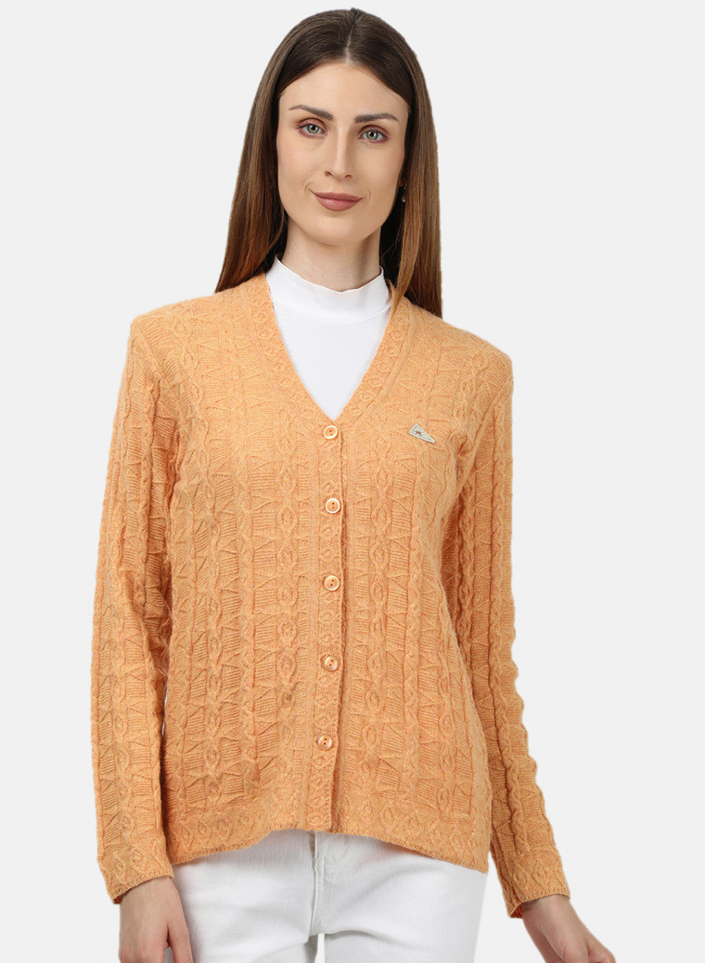 Women Light Orange Self Design Cardigan