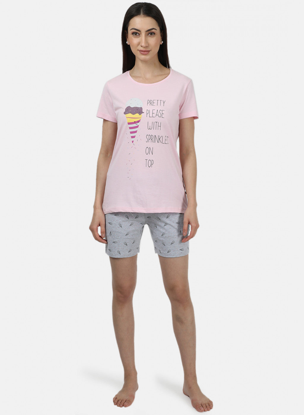 Womens Pink & Grey Printed Short Set
