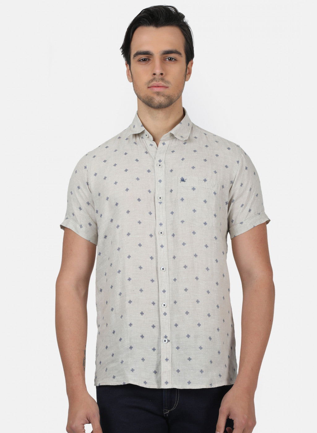 Men Grey Printed Linen Shirt