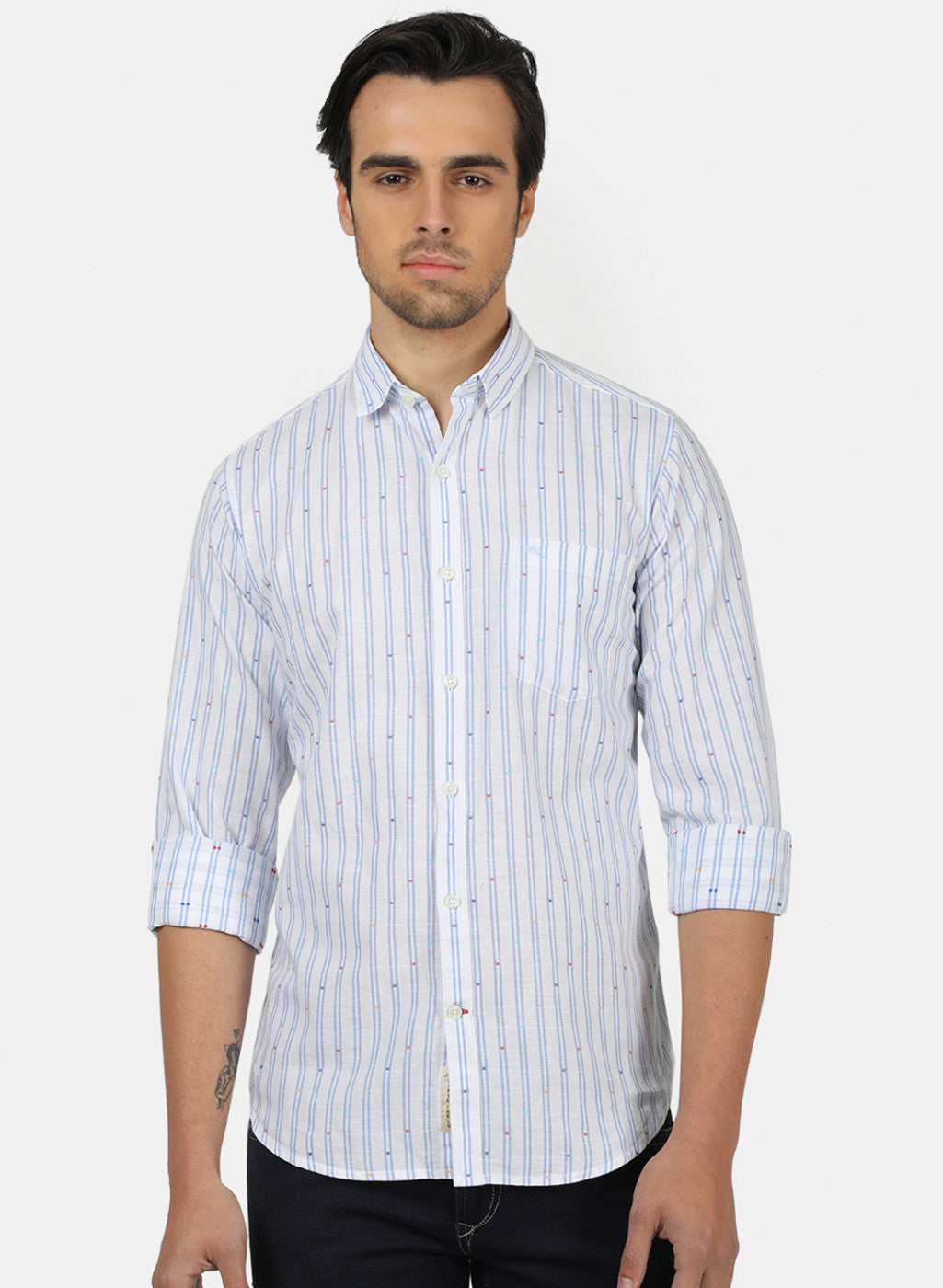 Men Sky Blue Stripe Linen Shirt