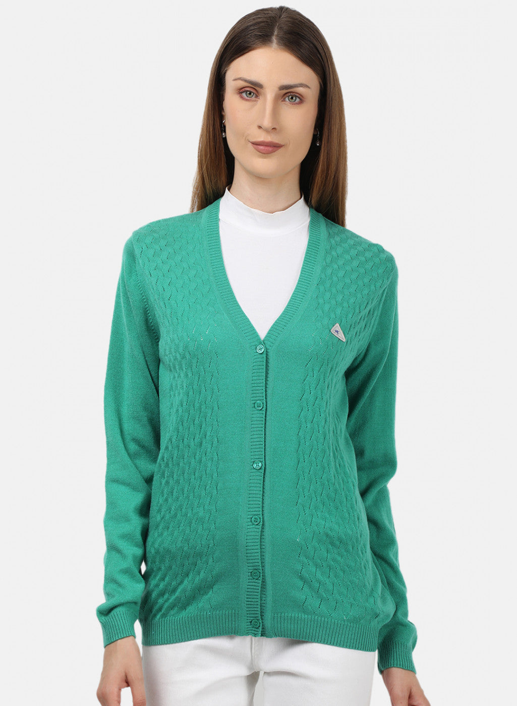 Women Green Self Design Cardigan