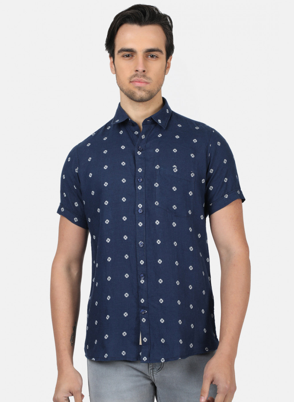 Men NAvy Blue Printed Linen Shirt