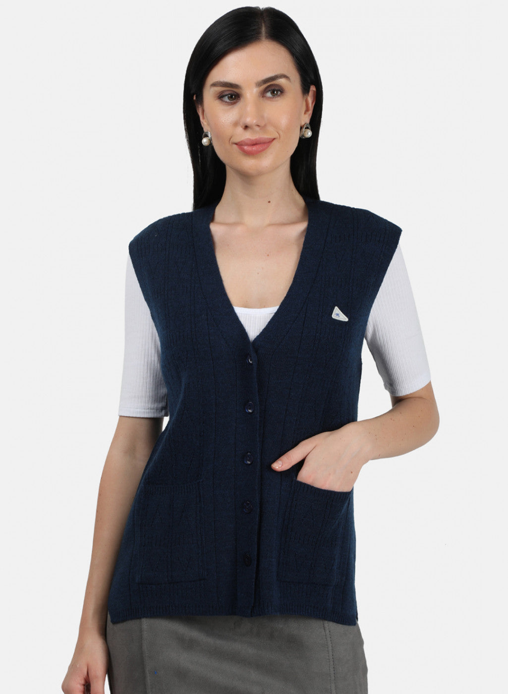 Women Navy Blue Self Design Cardigan
