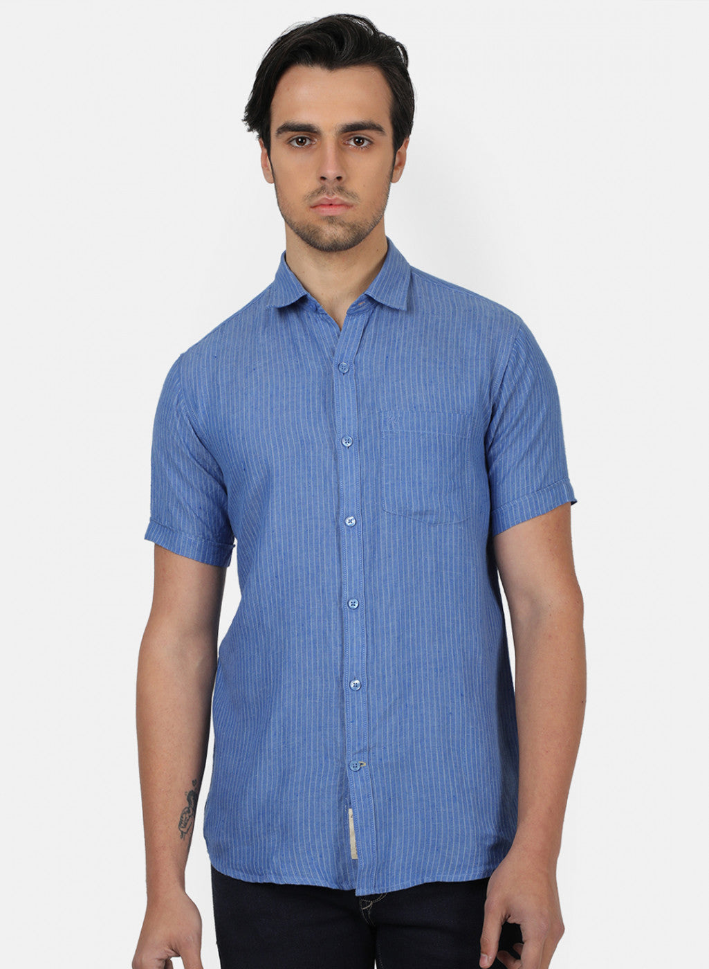 Men Blue Stripe Linen Shirt