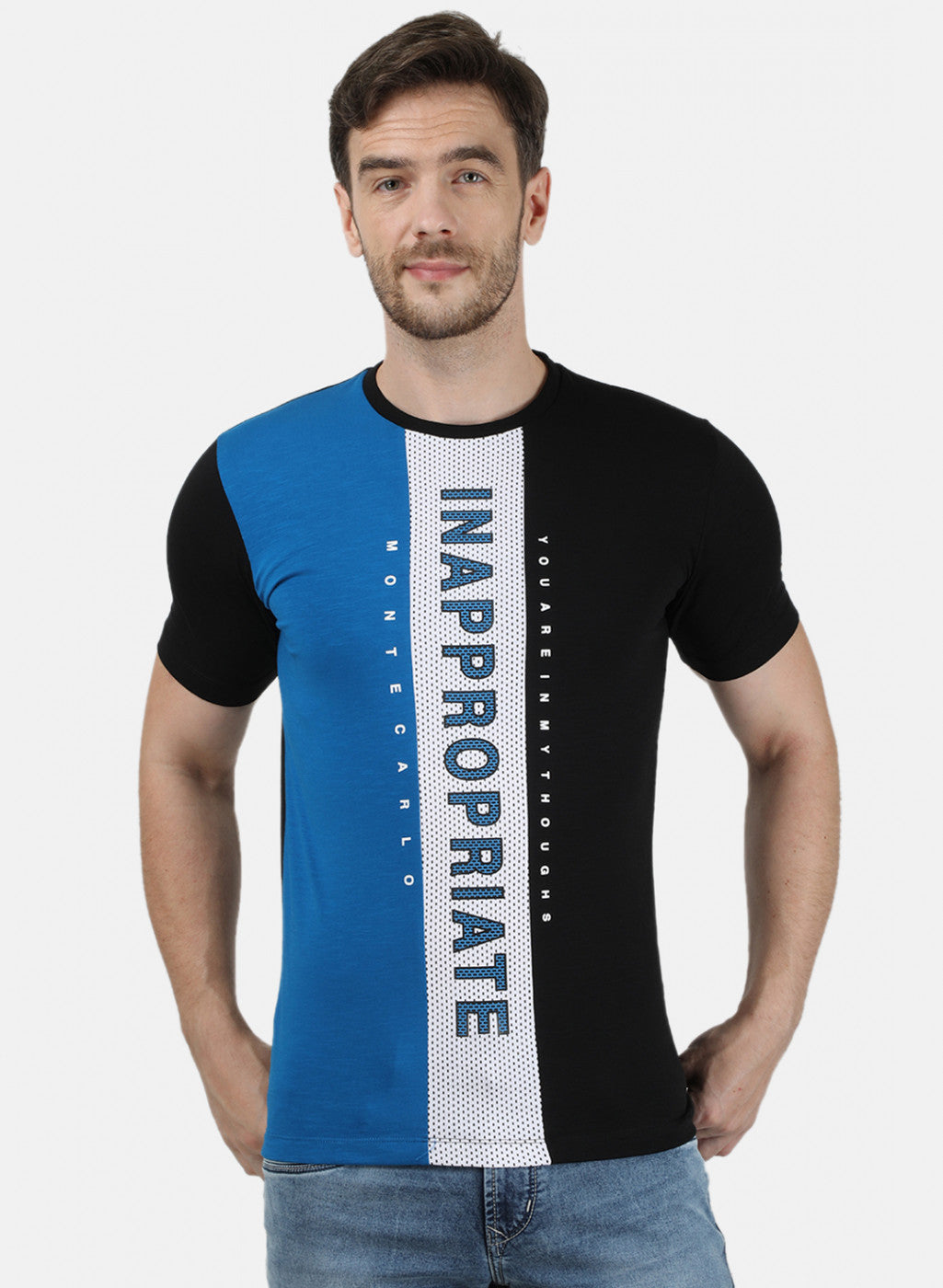 Mens Blue Printed Round Neck T-Shirts