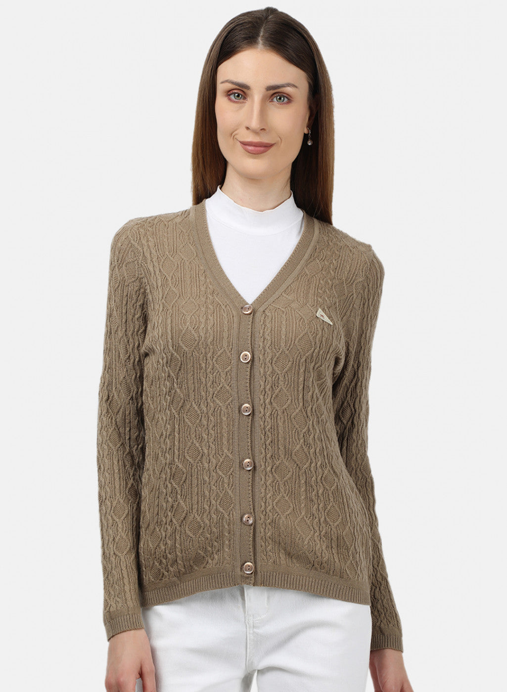 Women Brown Self Design Cardigan