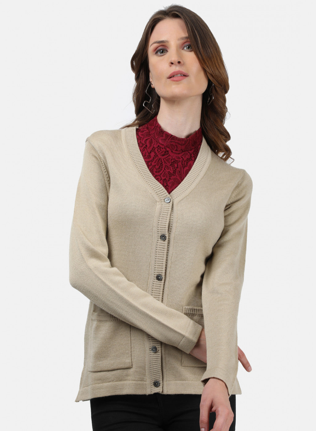 Women Beige Solid Cardigan