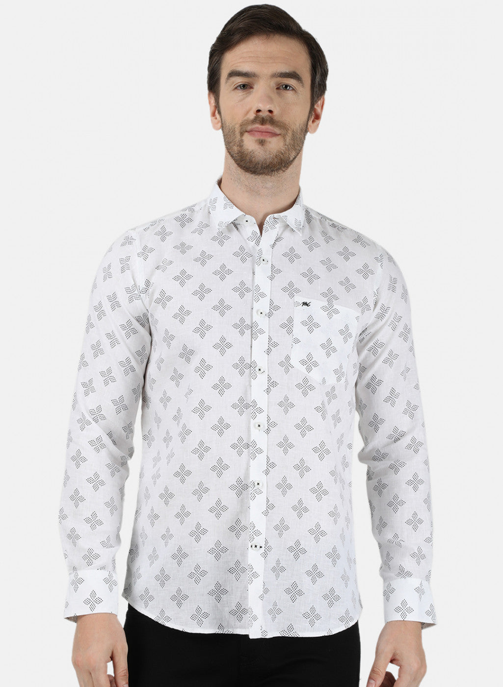 Mens White Printed Linen Shirt