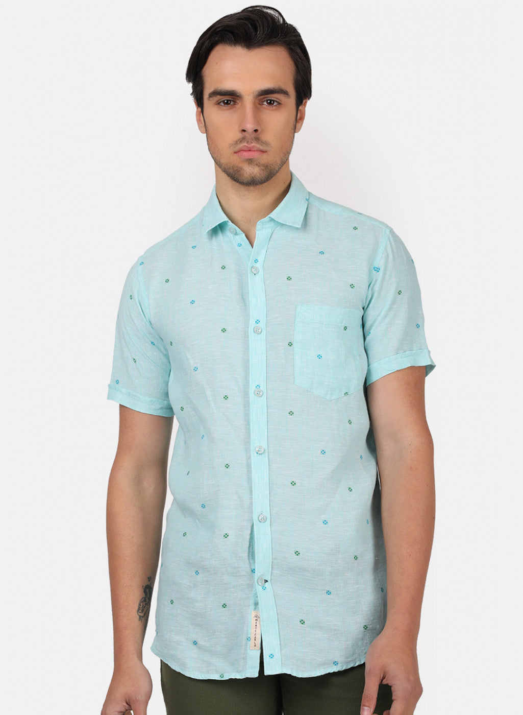 Men Blue Printed Linen Shirt