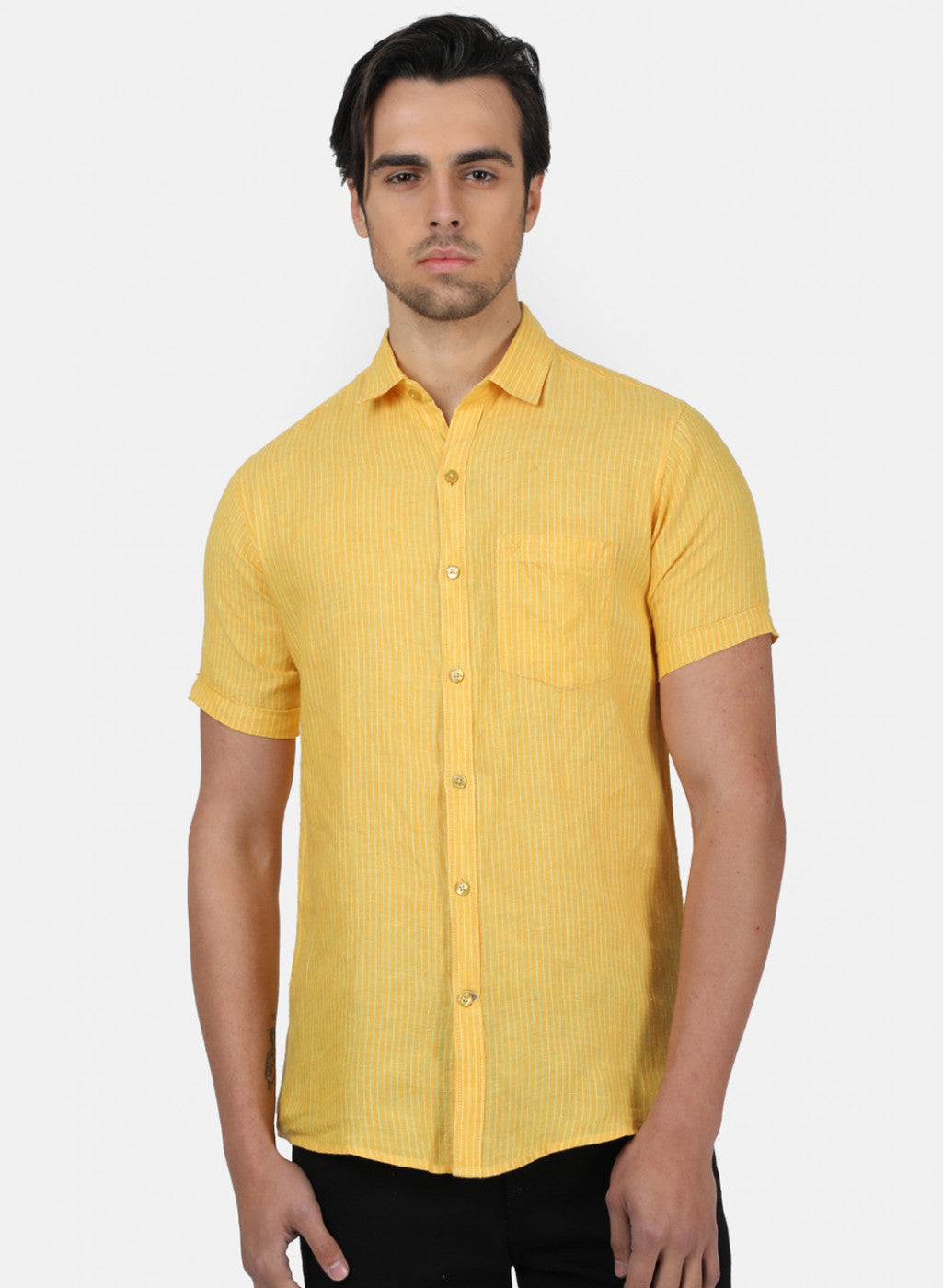 Men Yellow Stripe Linen Shirt
