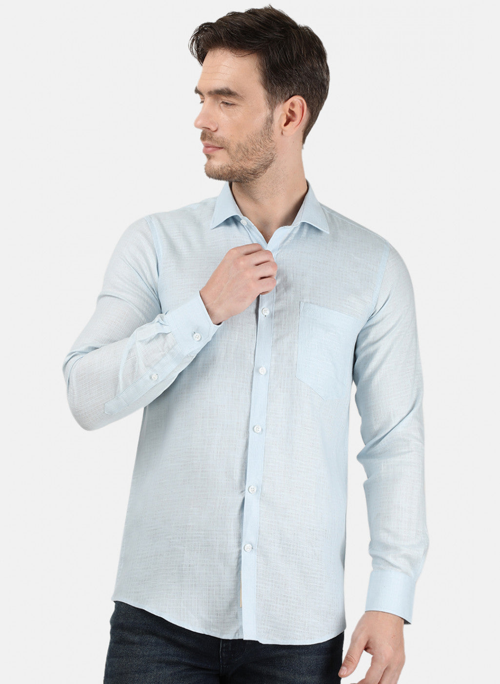 Mens Sky Blue Self Linen Shirt