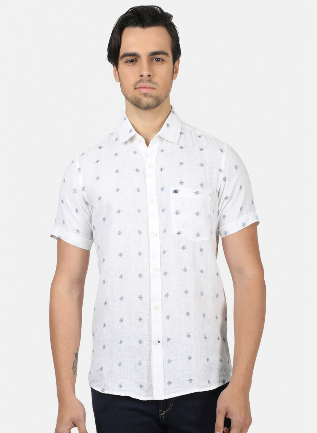 Men White Printed Linen Shirt