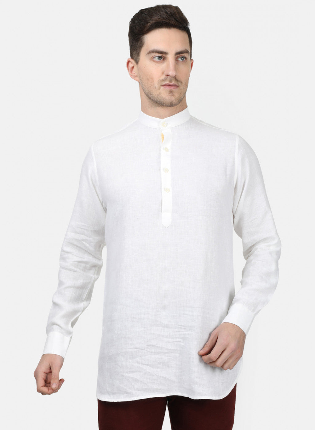 Mens White Solid Linen Shirt