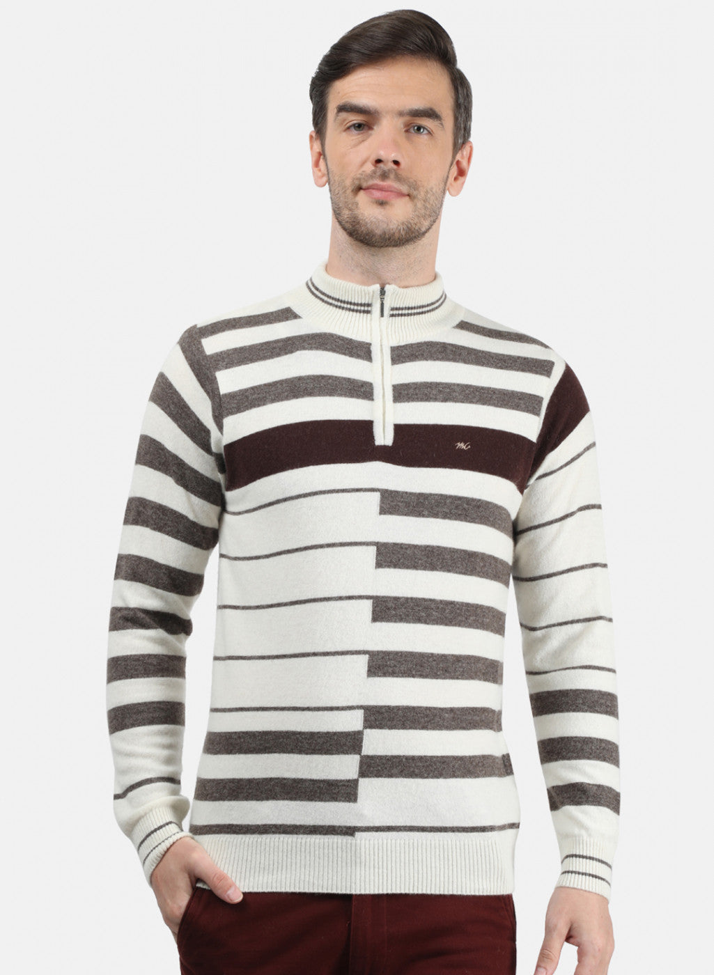 Men Off White & Brown Solid Pullover