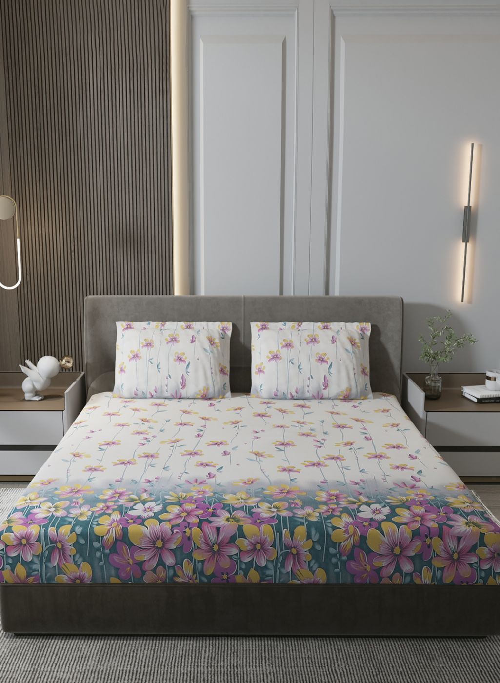 130 GSM Polyester Queen Bedsheet with 2 Pillow Covers