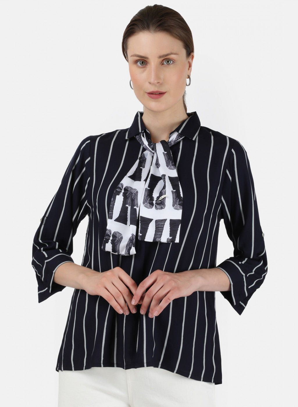 Womens Navy Blue & White Printed Top