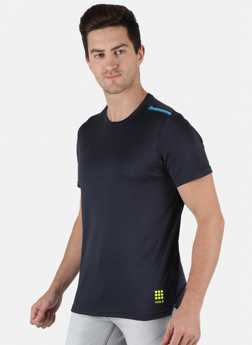 Rock.it Men Navy Blue Self Design Round Neck T-Shirt