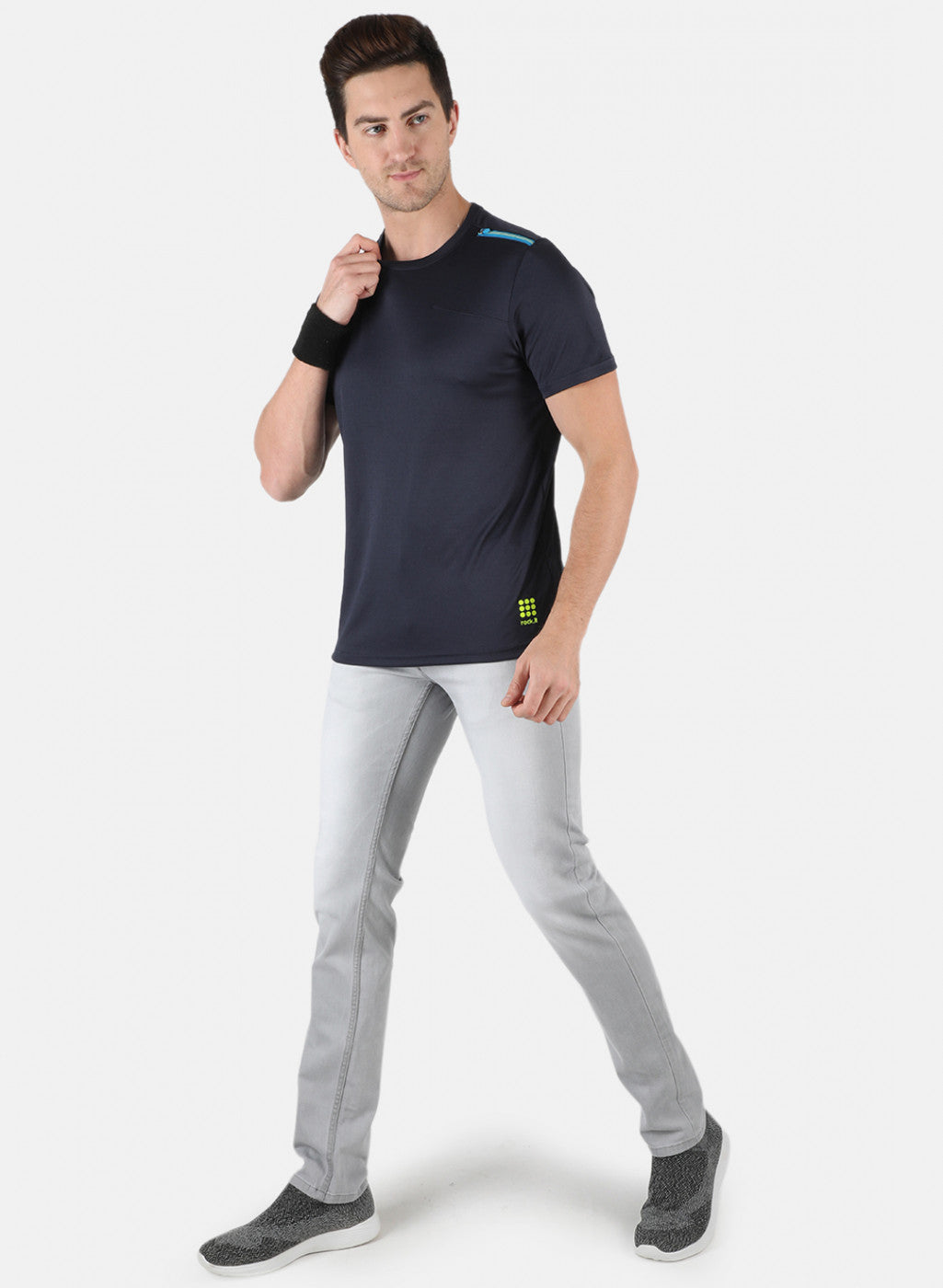 Rock.it Men Navy Blue Self Design Round Neck T-Shirt