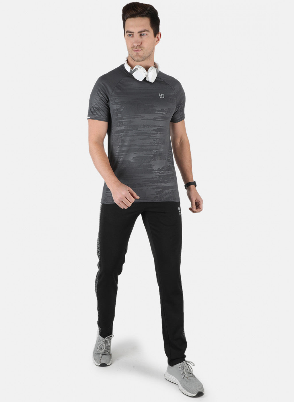 Rock.it Men Grey Self Design Round Neck T-Shirt