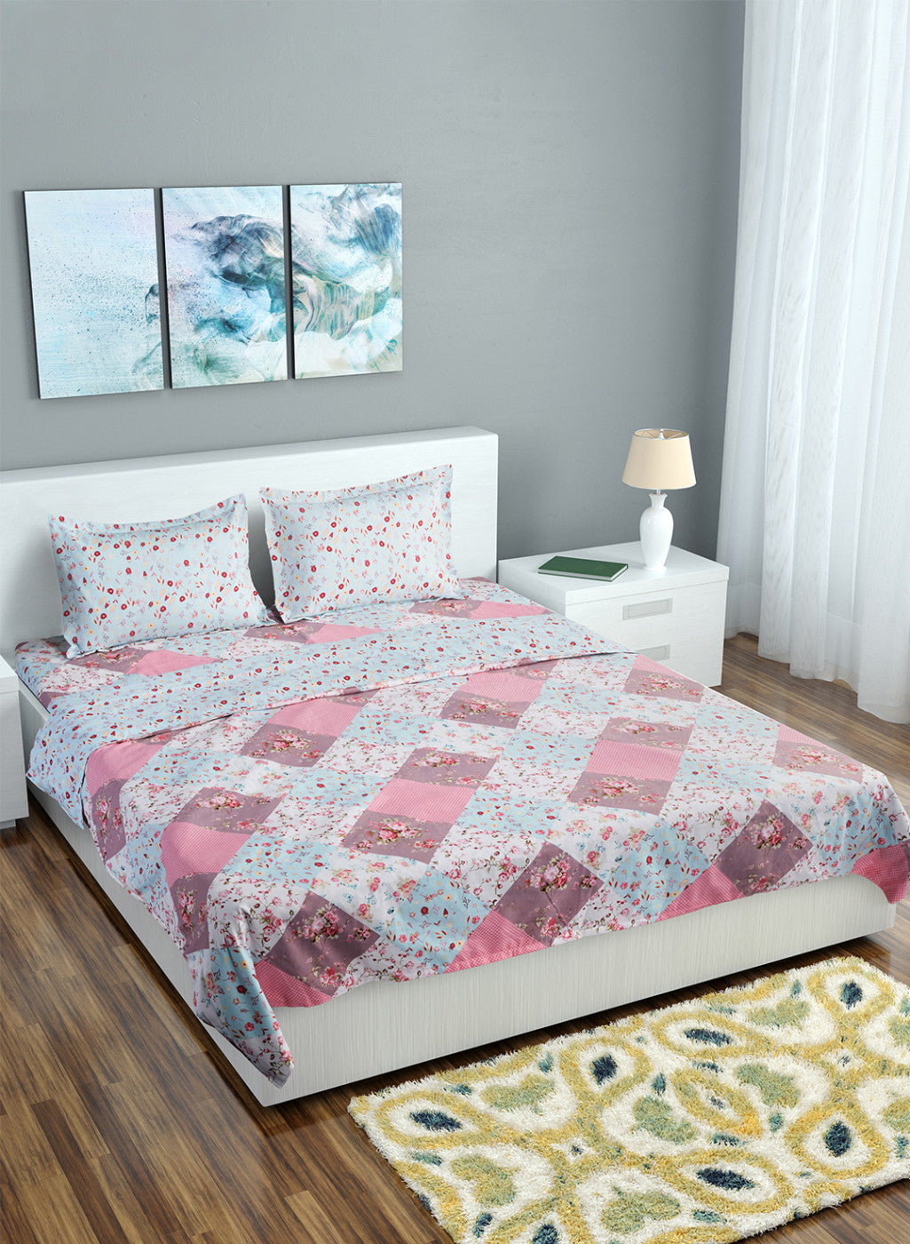 Multi Color 130 GSM Bedsheet with 2 Pillow Covers + 1 Duvet