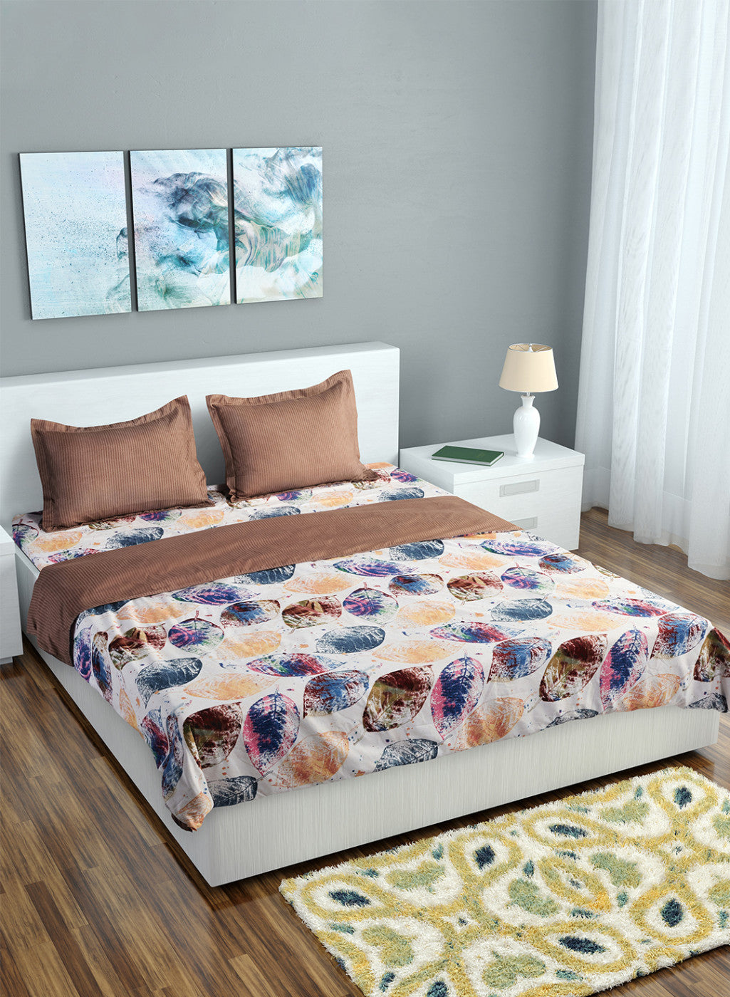 Multi Color 130 GSM Bedsheet with 2 Pillow Covers + 1 Duvet