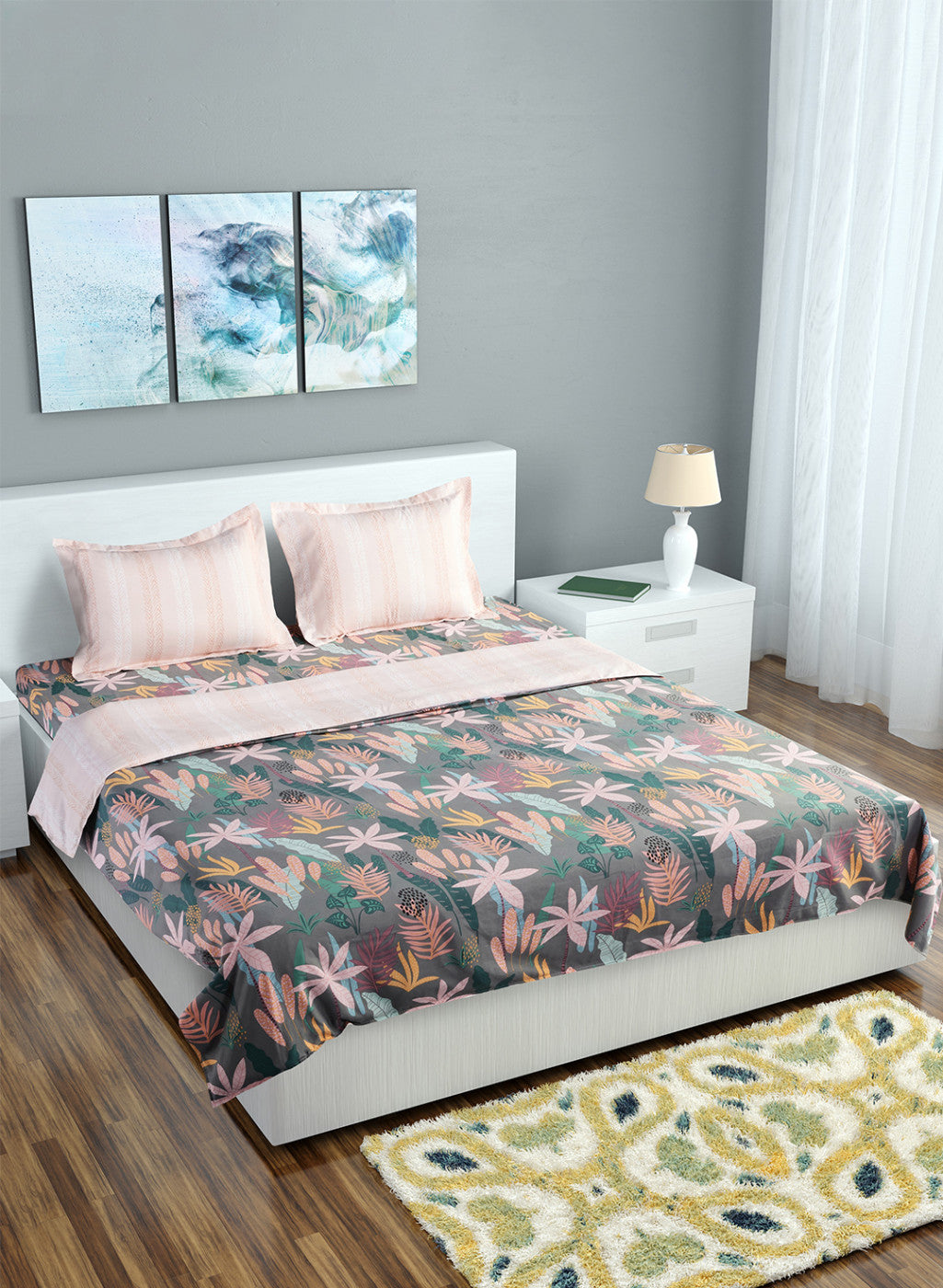 Multi Color 130 GSM Bedsheet with 2 Pillow Covers + 1 Duvet